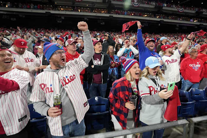 Philadelphia Phillies fans cheer on their team against the Arizona Diamondbacks during their NLCS game at Citizens Bank Park on Monday night.